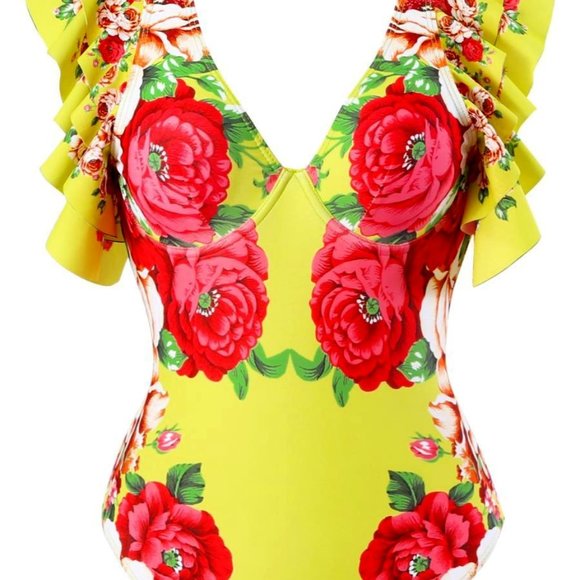 Callie Lives Other - Callie Chartreuse: Red Peony Floral Print Ruffle Cap Sleeve Retro Swimsuit